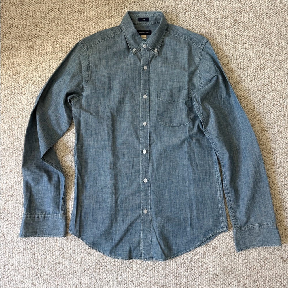 J. Crew Men's Chambray Blue Button-Down Shirt - Small - Slim Fit